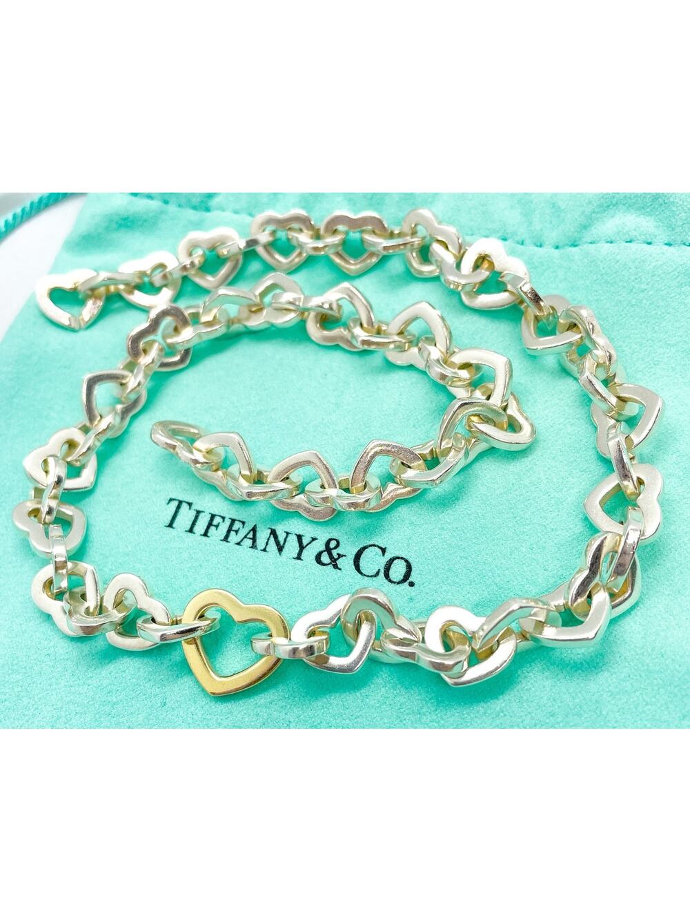 Tiffany & Co Sterling Silver 18K Gold Heart Link Necklace 15.75"